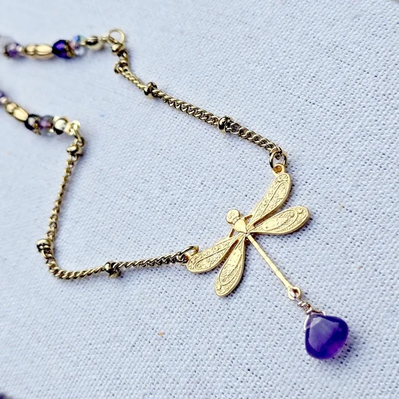 Handmade AMETHYST Gemstone DRAGONFLY Pendant Charm Necklace. 16-18" - Picture 2 of 12